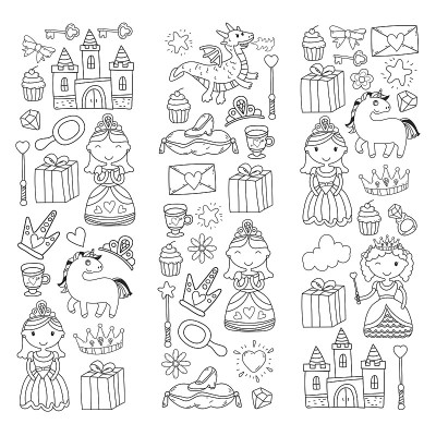 一套涂鸦公主和幻想图标和设计元素的邀请和贺卡。孩子们画的。幼儿园、学前班、学校模式