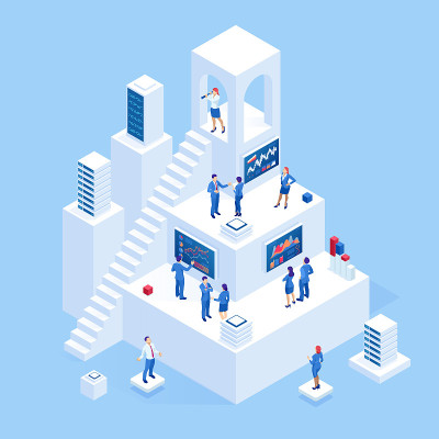 Isometric business people analyzing a financial da