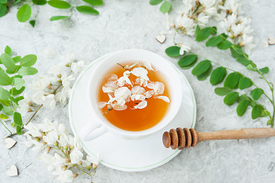 白金合欢花茶在白色的水泥背景上的白色瓷杯与郁郁葱葱的金合欢树开花的树枝，家中自我治疗，有用的植物属性