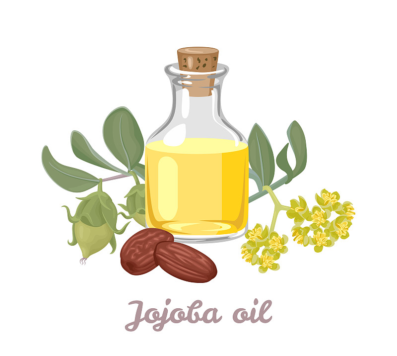 Jojoba oil in glass bottle isolated on white backg