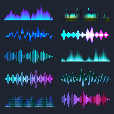 彩色声波收集。模拟和数字音频信号。音乐均衡器。干扰录音。高频无线电波。矢量图