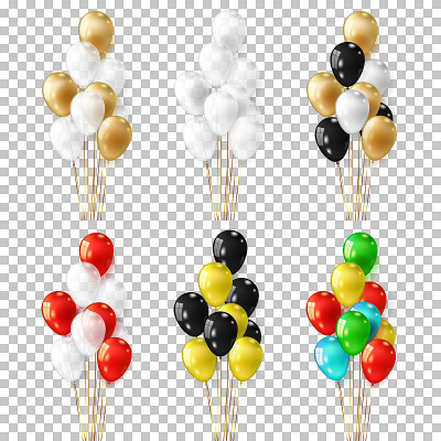 Set of realistic balloons group with gold ribbon, 