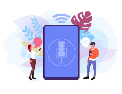 语音控制智能扬声器概念。矢量平面设计孤立插图