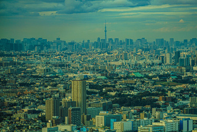 横滨市和日落从横滨地标塔观景台