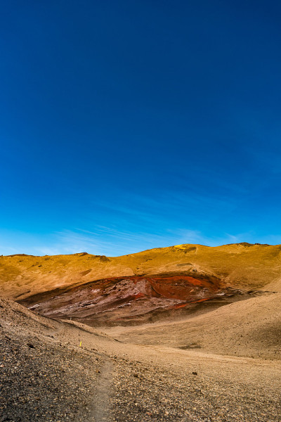 美丽的冰岛火山景观Askja火山，在高地的火山沙漠中间，红色和绿松石的火山土壤和徒步小径，冰岛，在夏
