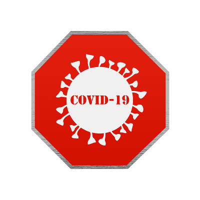 冠状病毒停止路标。Covid-19预警3D渲染
