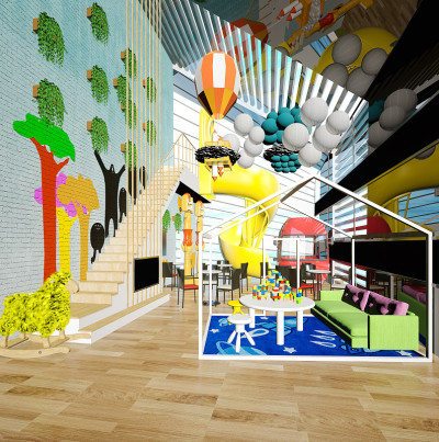 幼儿园房间，儿童学校内部的3d渲染