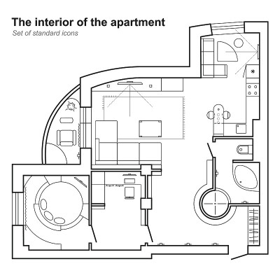 房屋俯视图的建筑平面图。有家具的平面图。室内设计图标设置布局。向量。房屋的建筑平面图