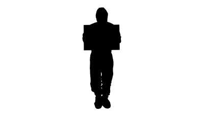 剪影实验室科学家在安全服拿着空白板