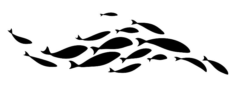 Black silhouette of flock of fish. School of fish.
