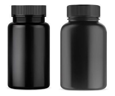 黑色药丸补充瓶。塑料维生素jar
