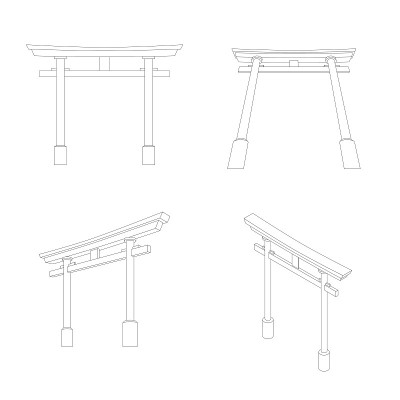 日本鸟居透视和等距视图，可编辑的描边插图孤立在白色背景，矢量eps 10