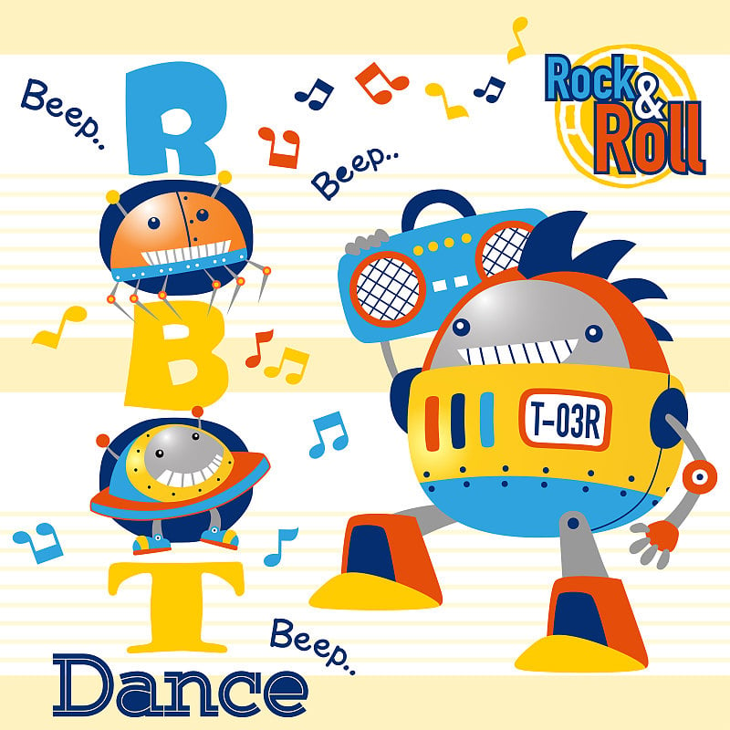 robots dance, vector cartoon illustration