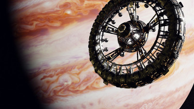 木星轨道上的巨型空间站，飞船任务(3d渲染)