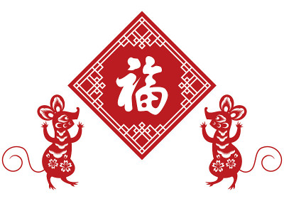 中国新年的装饰。墙上的生肖装饰。春节老鼠墙装饰。农历新年老鼠的插画。(翻译:财富和幸福)