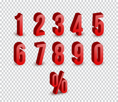 一组3D红色数字符号。3D数字符号与百分之折扣设计孤立。