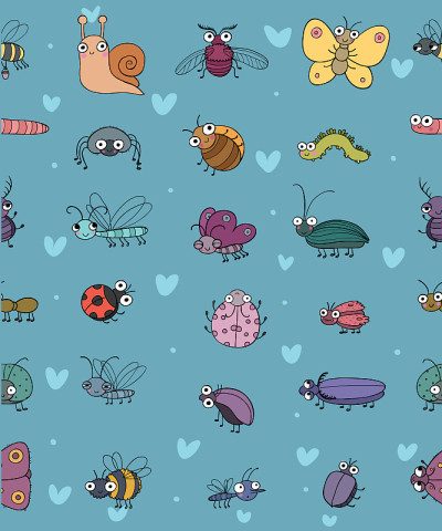 Cute cartoon insects. Funny butterflies, beetles, 