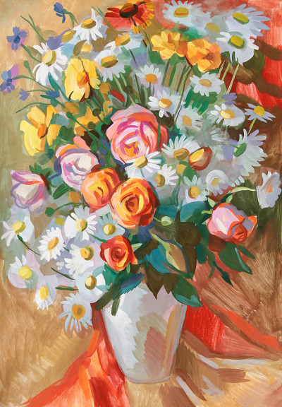 有一束鲜花的静物。水粉颜料画