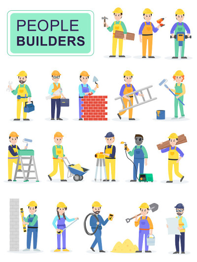 Set of people builders workers.
