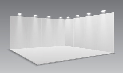 空白展示展台。白色空面板，促销广告架。演示活动室3d模板
