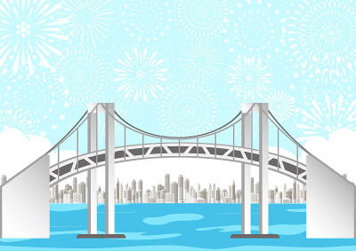 桥城插图，建筑景观湾区烟花满天