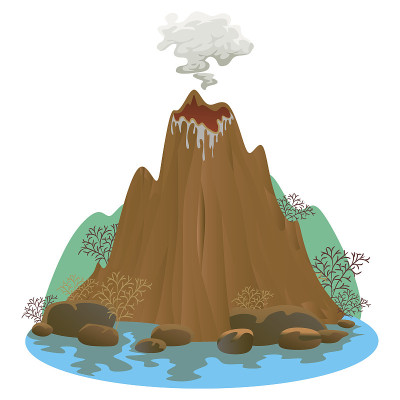 一组不同程度喷发的火山，一个沉睡或苏醒的危险的火山，从岩浆的灰烬和烟雾飞出，熔岩流下山的矢量插图