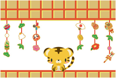 2022年日本新年卡，有老虎和新年装饰。