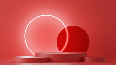 一个平台的3D插图，圆形玻璃和环光。