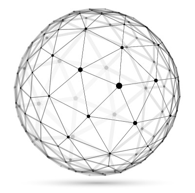 摘要三维网格球矢量图，点与线连接技术多边形物体在白色背景上隔离，动态栅格具有逼真的景深效果。