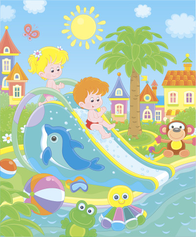 小孩子在水上乐园玩滑水道