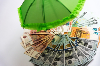 在这个大伞下有3种不同的货币。俄罗斯卢布，欧元，美元。三轮车篮子里。以不同货币储存储蓄以降低风险。金