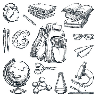 学校用品和教育设计元素，孤立在白色背景上。手绘草图矢量插图