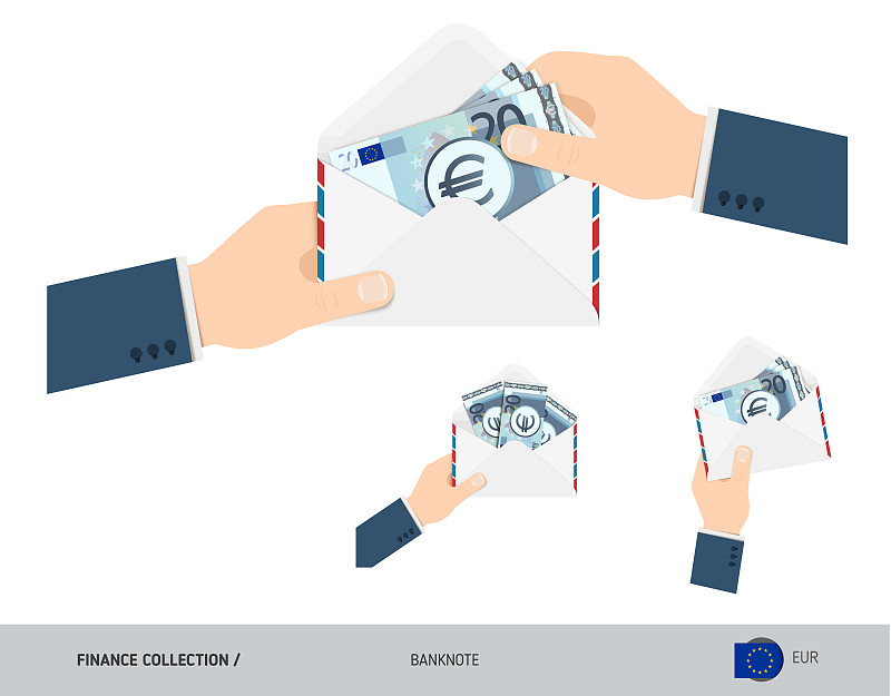 手里拿着20张欧元钞票。一组平式开白色信封装现金。工资支付或腐败的概念。