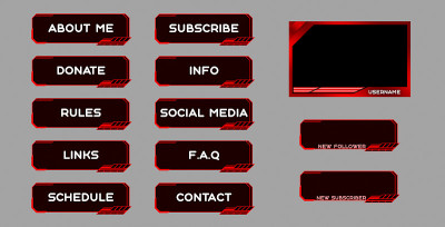 Twitch的一套现代红色游戏面板和覆盖的直播主播。为流媒体设计提醒和按钮。16:9和4:3的屏幕分