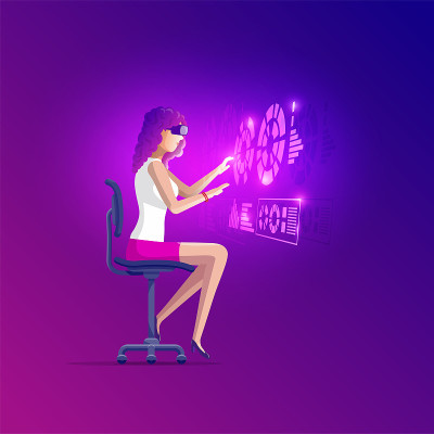 年轻女子戴着虚拟现实头盔工作。