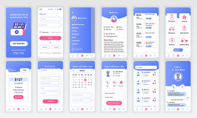 一套UI, UX, GUI屏幕医学应用平面设计模板的移动应用