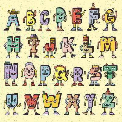 ABC有趣的字母字符。古怪的涂鸦字母设计颜色集。