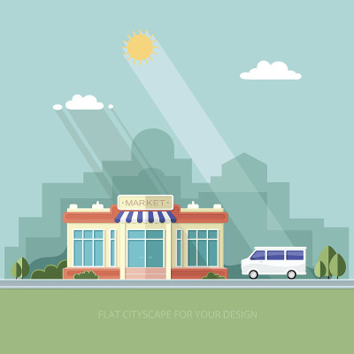 城市景观。一个超市和一辆汽车。城市商店。平的风格