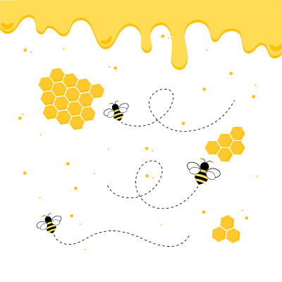 The flow of honey from the honeycomb with bees and