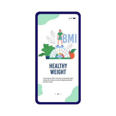 健康BMI或身体质量指数登机页面，平面矢量插图。