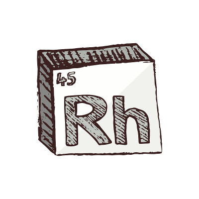 矢量三维手绘化学银白色金属符号金属铑与缩写Rh从元素周期表上隔离在白色背景上。