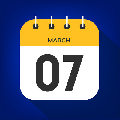 3月7日。第七号，在一张白色的纸上，黄色的边框，蓝色的背景。