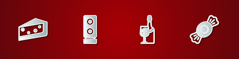 设置一块蛋糕，立体声扬声器，香槟瓶和糖果图标。向量