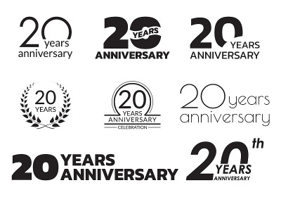 20周年纪念图标或标志集。20岁生日庆祝徽章或标签的请柬，周年纪念设计。矢量插图。