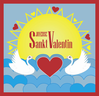 天鹅矢量插图，法文文字(法文)意为情人节快乐:Joyeuse Sankt Valentin