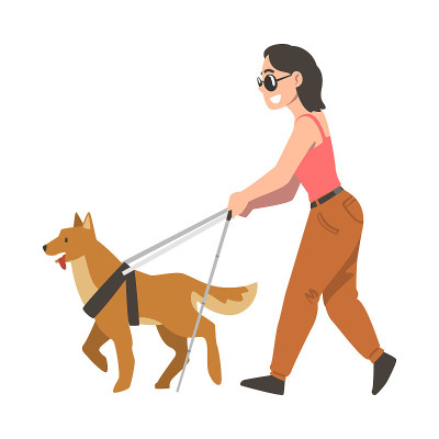 导盲犬引导盲人妇女戴眼镜，训练动物帮助残疾人卡通矢量插图