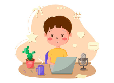 可爱的帅哥正在录制播客。