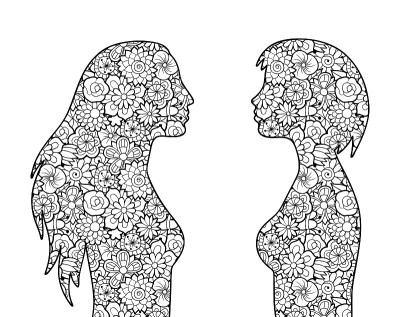 两个有花卉图案的女孩的剪影。黑白矢量插图