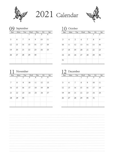 蝴蝶燕尾蝶简单日历为2021年9月10月11月12月矢量