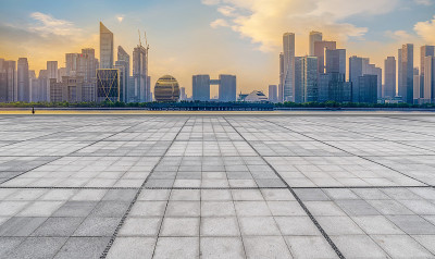 空广场砖与杭州建筑景观天际线